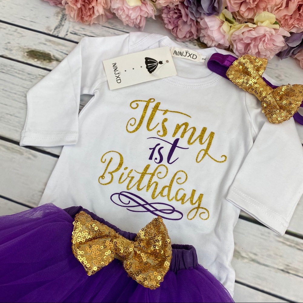 1st Birthday Outfit Matching Onesie Purple Tulle Skirt and Headband - Picture 6 of 14